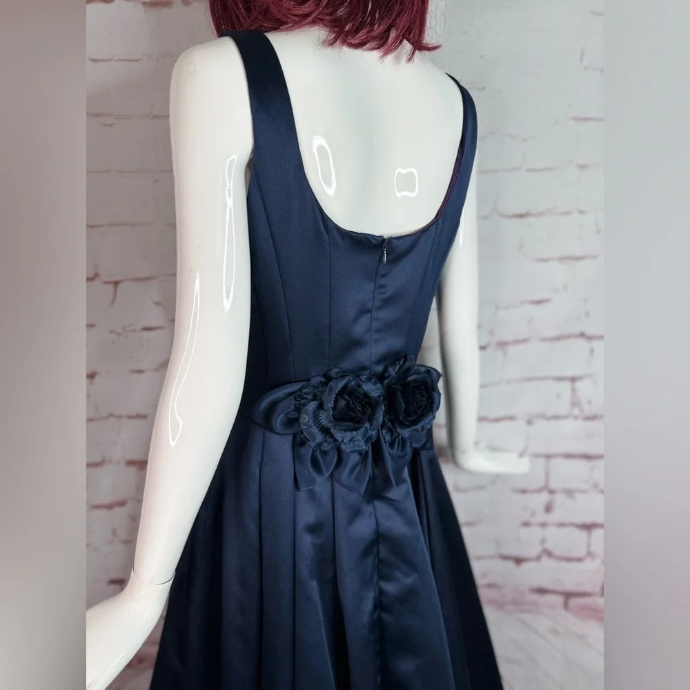 JESSICA McCLINTOCK Navy Satin Floor Length Prom Dress Size 10 Satin Rose Formal - Picture 12 of 16